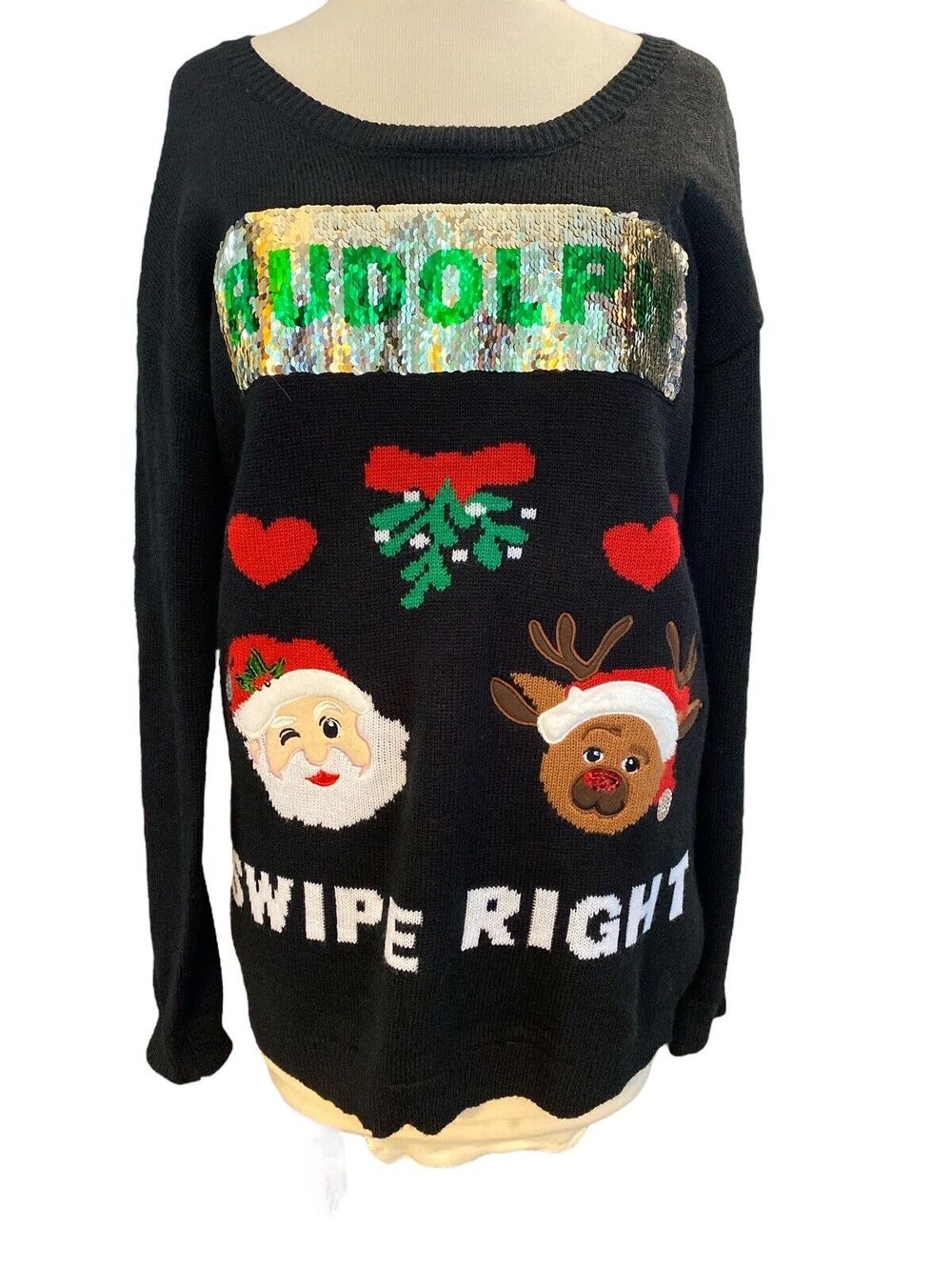 M Joyland Black Ugly Christmas Sweater Swipe Right Left Sequin